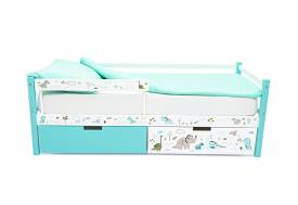 Кровать-тахта Svogen с ящиками и бортиком с фотопечатью мятный/динозаврики