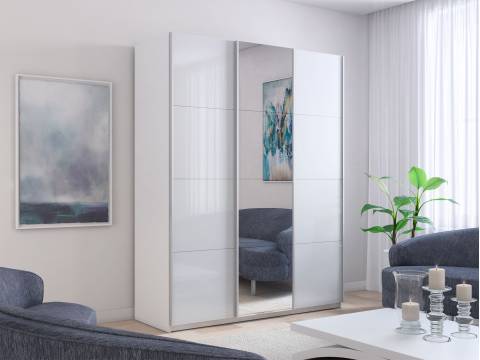 Шкаф-купе Прайм 3-х дверный 2100 два Стекла Белые/Зеркало Белый Снег